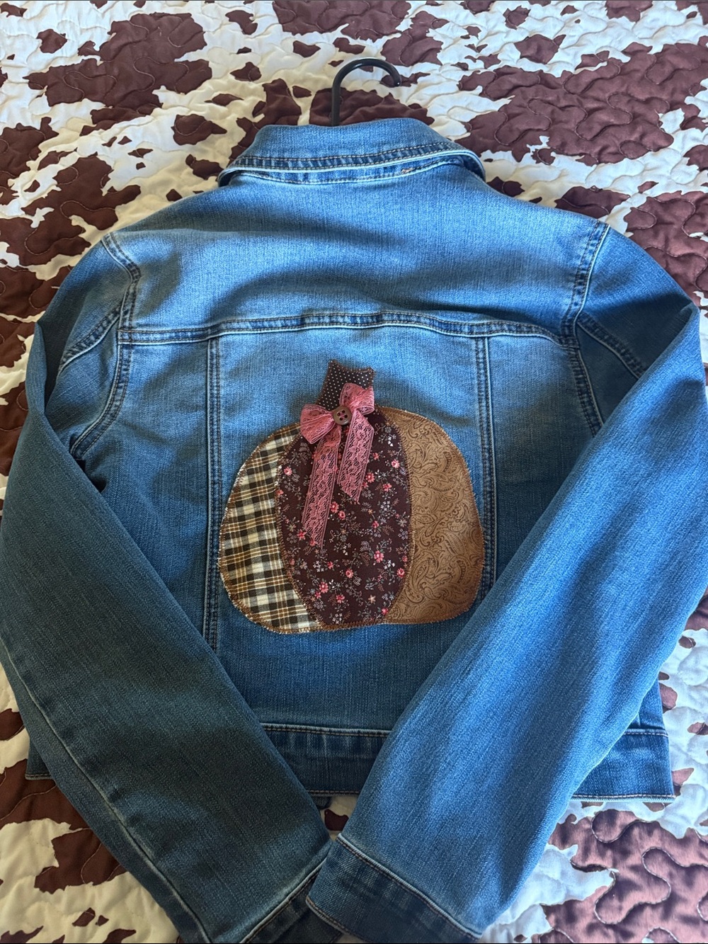 Forever 21 Girls Blue Denim Jacket with Patchwork Pumpkin Accent
